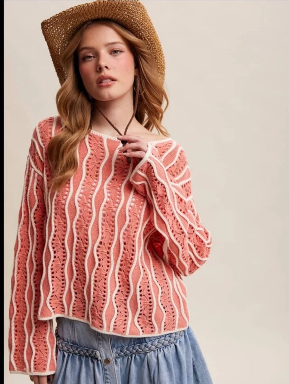 Crochet Knit Long Sleeve Sweater with White Trim